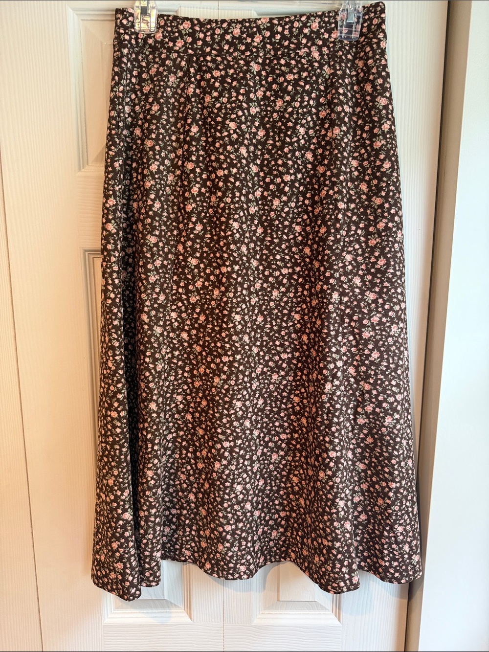 Brown Floral A-Line Midi Skirt with Pink Flower Accent